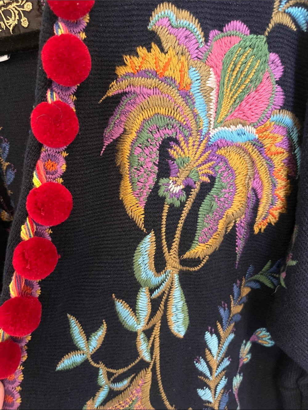 Johnny Was Navy Embroidered BIYA SHORT KIMONO Pom-pom sweater - Picture 3 of 5